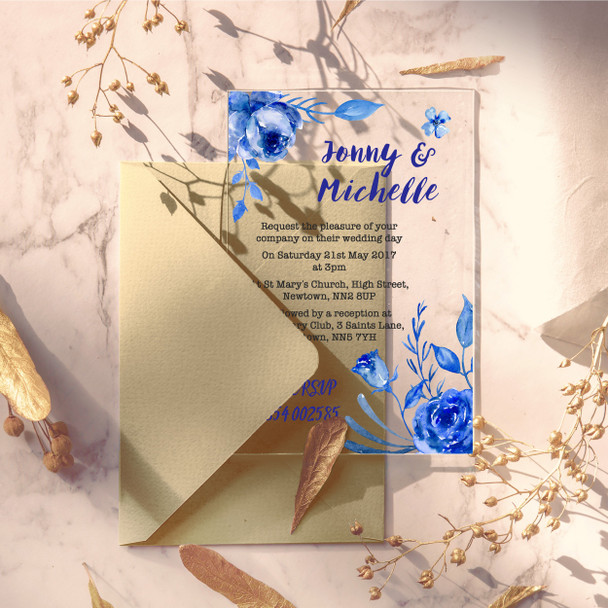 Blue Floral Acrylic Clear Transparent Luxury Wedding Invitations Invites