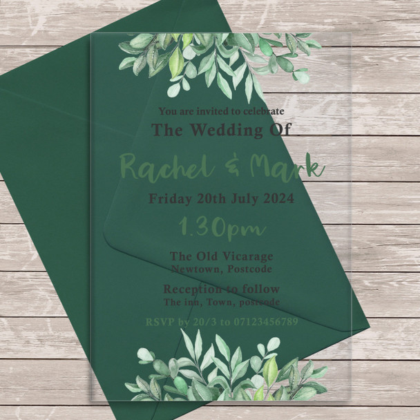 Green Leaves Leaf Acrylic Clear Transparent Luxury Wedding Invitations Invites