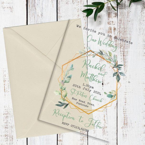 Leaf Green Nature Gold Geo Acrylic Clear Transparent Wedding Invitations Invites