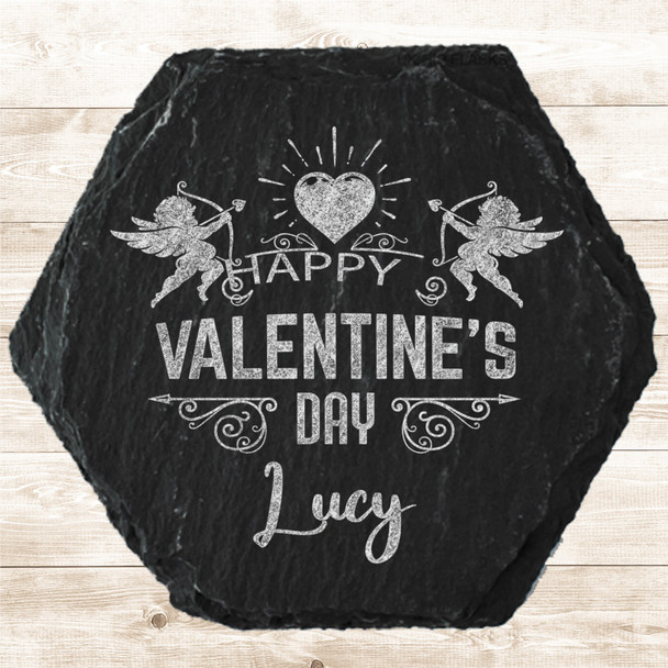 Hexagon Slate Cupids Happy Valentine's Day Swirls Gift Personalised Coaster