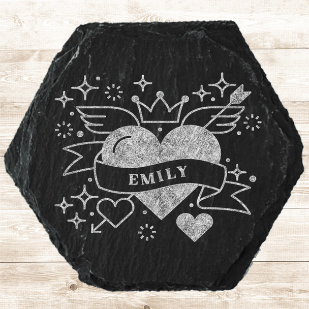 Hexagon Slate Angel Crown Sparkles Valentine's Day Gift Personalised Coaster