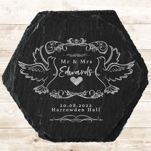 Hexagon Slate Doves Frame Newlyweds Wedding Day Gift Personalised Coaster