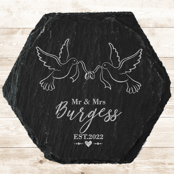 Hexagon Slate Doves Wedding Day Rings Newlyweds Gift Personalised Coaster