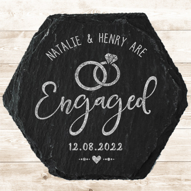 Hexagon Slate Engagement Diamond Rings Heart Date Gift Personalised Coaster