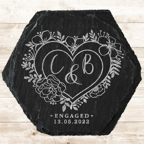 Hexagon Slate Heart Wreath Engagement Date Initials Gift Personalised Coaster