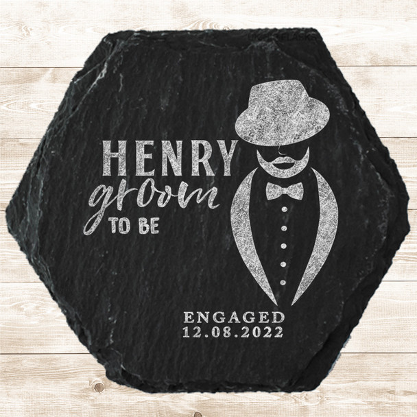 Hexagon Slate Groom To Be Tuxedo Engagement Date Gift Personalised Coaster