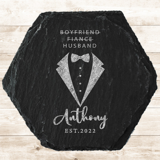 Hexagon Slate Husband Tuxedo Wedding Day Newlyweds Gift Personalised Coaster