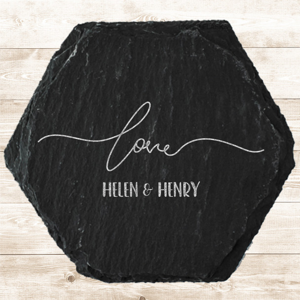 Hexagon Slate Love Line Art Lettering Valentine's Day Gift Personalised Coaster