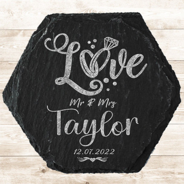 Hexagon Slate Love Wedding Day Rings Diamond Mr & Mrs Gift Personalised Coaster