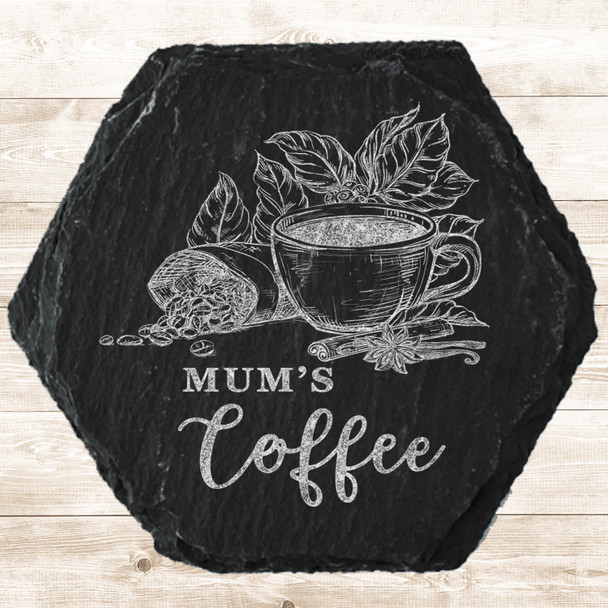 Hexagon Slate Mum's Coffee Cup & Beans Mother's Day Gift Personalised Coaster