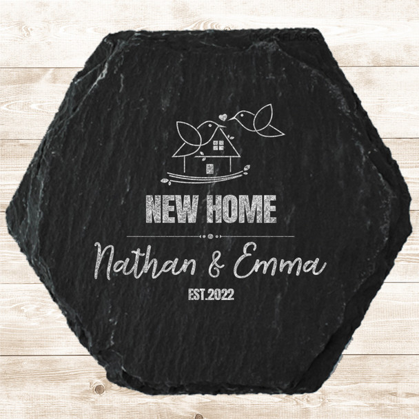 Hexagon Slate New Home Birds House Doodle Couple Gift Personalised Coaster