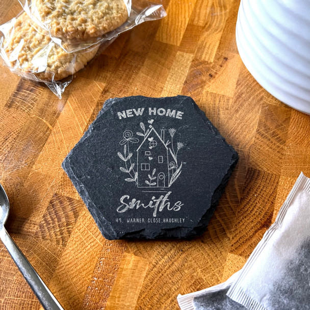 Hexagon Slate New Home House Flowers Address Gift Personalised Coaster