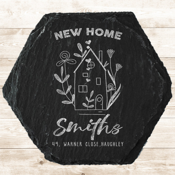 Hexagon Slate New Home House Flowers Address Gift Personalised Coaster