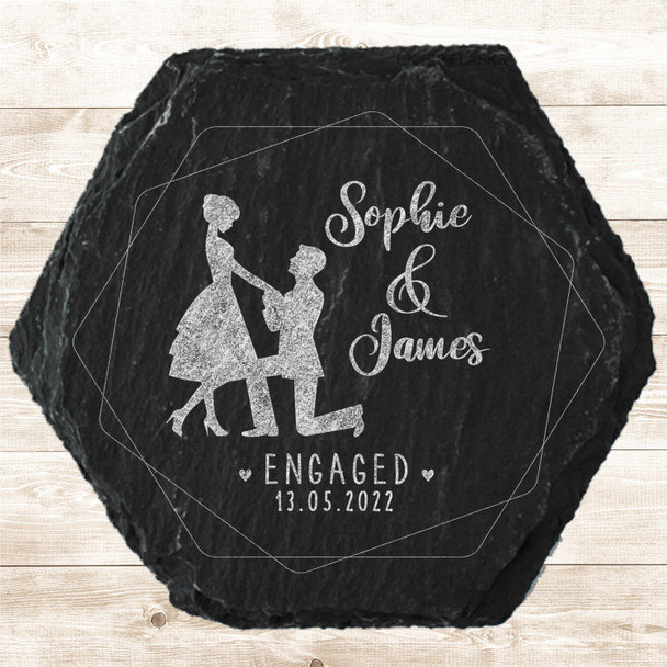 Hexagon Slate Silhouette Proposal Engagement Date Gift Personalised Coaster