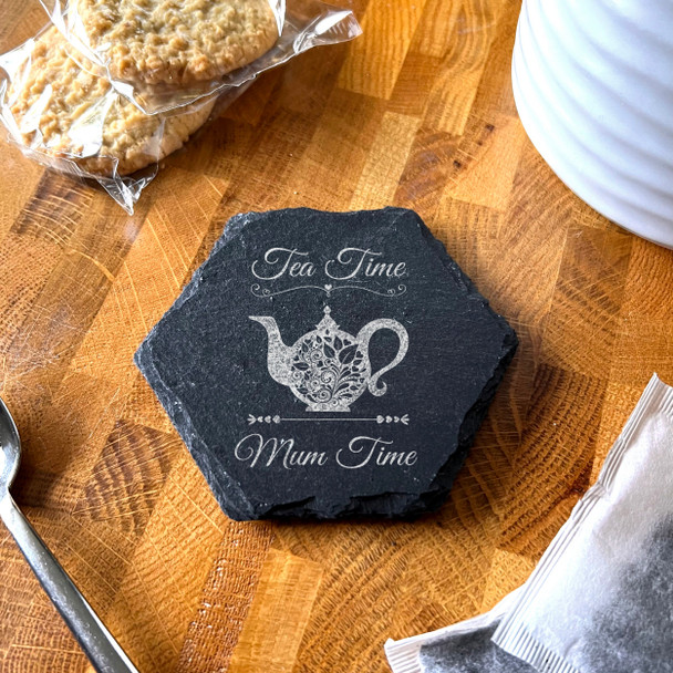 Hexagon Slate Tea Time Mum Time Pot Mother's Day Gift Personalised Coaster