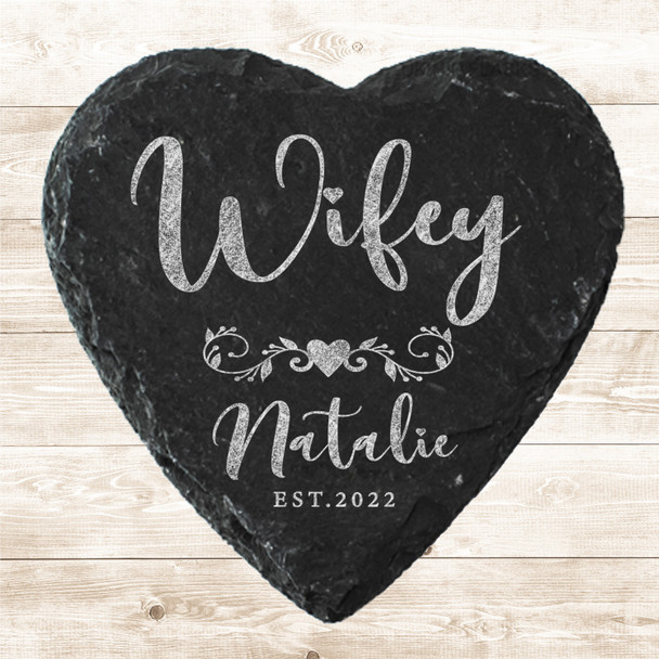 Heart Slate Wifey Swirls Wedding Day Newlyweds Gift Personalised Coaster