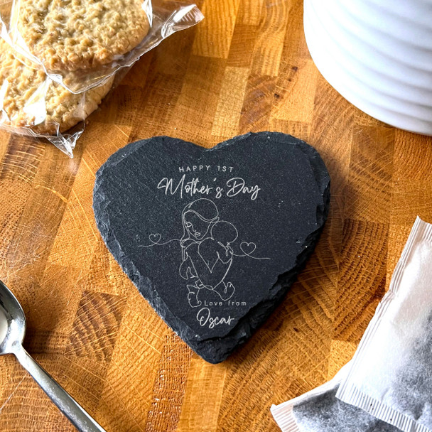 Heart Slate Woman Baby Line Art Happy 1st Mother's Day Gift Personalised Coaster