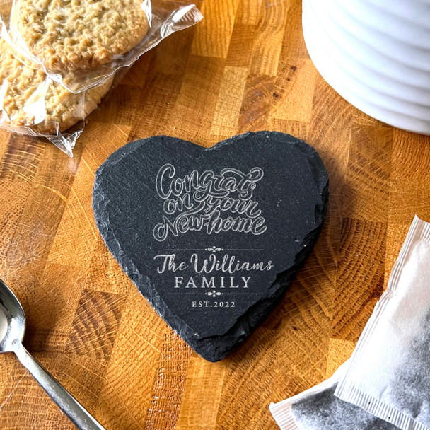 Heart Slate Congrats On Your New Home Family Name Gift Personalised Coaster