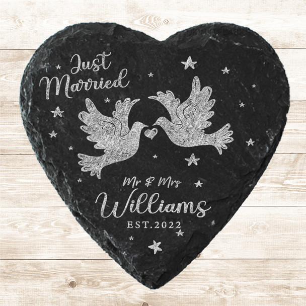 Heart Slate Doves Just Married Newlyweds Wedding Day Gift Personalised Coaster