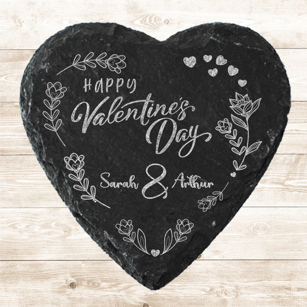 Heart Slate Happy Valentine's Day Floral Leaves Gift Personalised Coaster