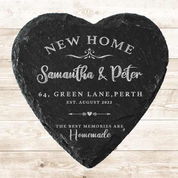 Heart Slate New Home Couple Address Memories Swirls Gift Personalised Coaster