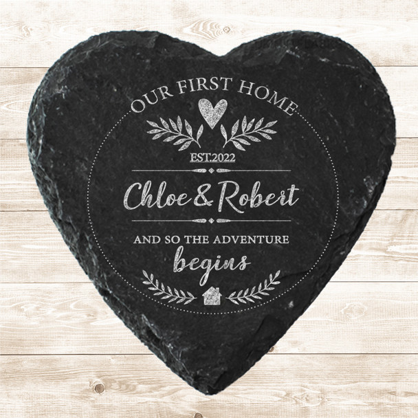 Heart Slate Our First New Home Adventure Leaves Gift Personalised Coaster