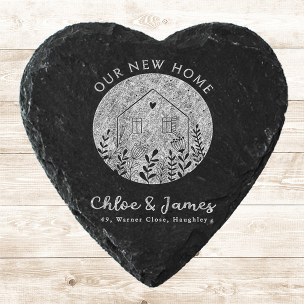 Heart Slate Our New Home Floral Couple Names Address Gift Personalised Coaster