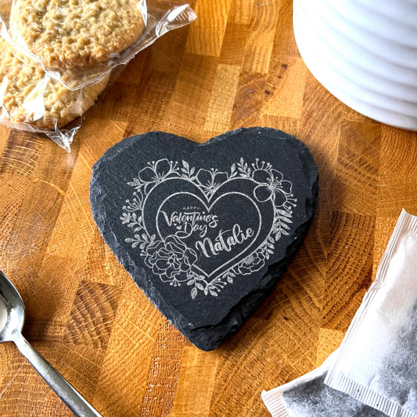 Heart Slate Pretty Floral Wreath Happy Valentine's Day Gift Personalised Coaster