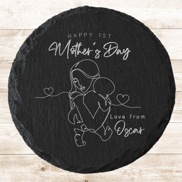 Round Slate Woman Baby Line Art Happy 1st Mother's Day Gift Personalised Coaster