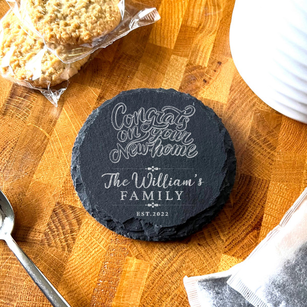 Round Slate Congrats On Your New Home Family Name Gift Personalised Coaster