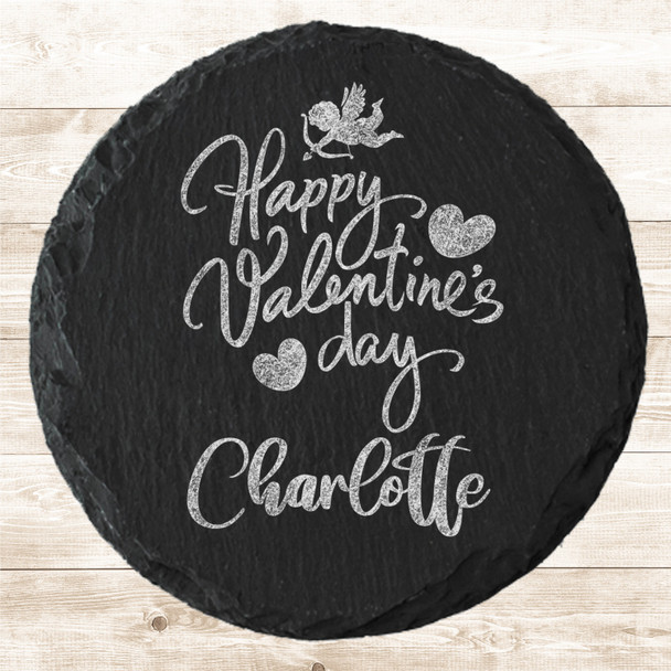 Round Slate Cute Cupid Happy Valentine's Day Gift Personalised Coaster