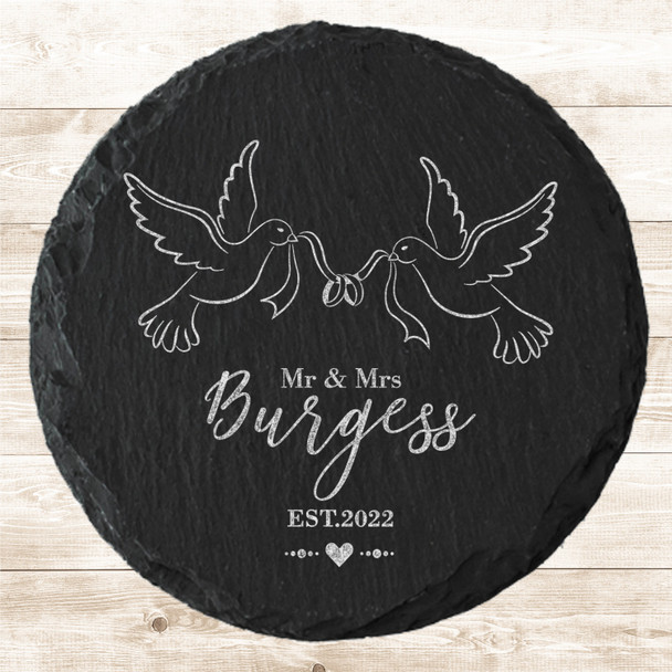 Round Slate Doves Wedding Day Rings Newlyweds Gift Personalised Coaster