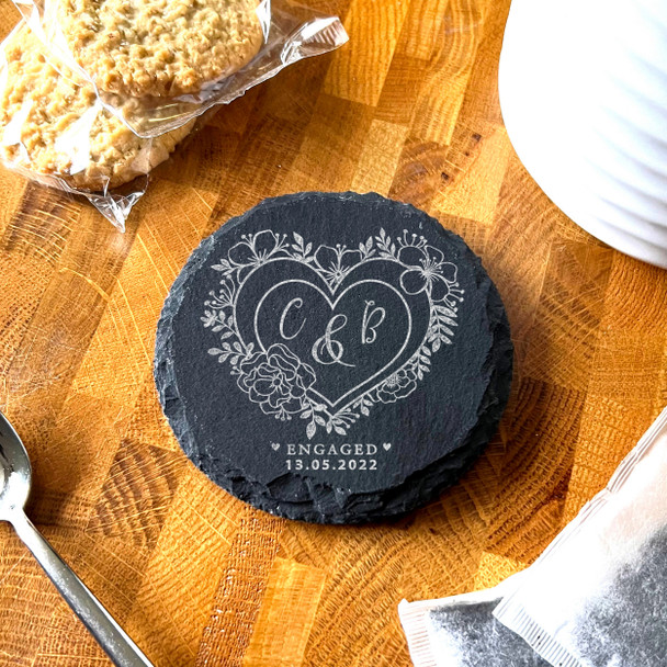 Round Slate Heart Wreath Engagement Date Initials Gift Personalised Coaster