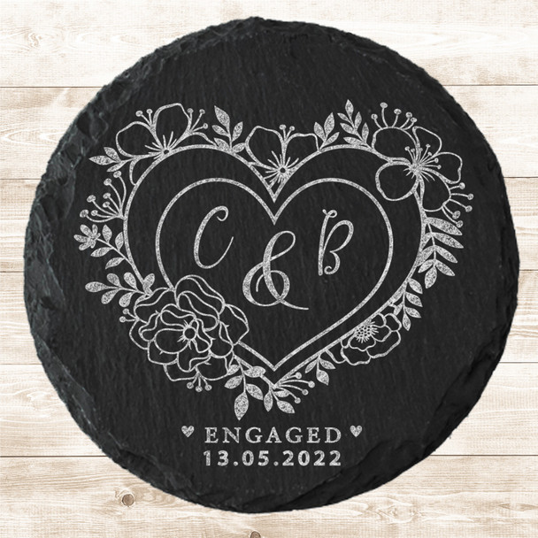 Round Slate Heart Wreath Engagement Date Initials Gift Personalised Coaster