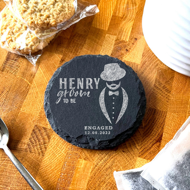 Round Slate Groom To Be Tuxedo Engagement Date Gift Personalised Coaster