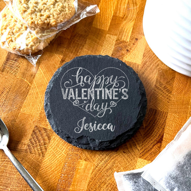 Round Slate Happy Valentine's Day Pretty Lettering Gift Personalised Coaster