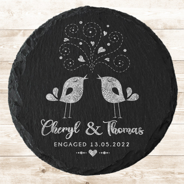 Round Slate Love Birds Hearts Swirls Engagement Date Gift Personalised Coaster