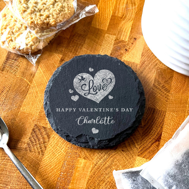 Round Slate Love Cupid Hearts Happy Valentine's Day Gift Personalised Coaster