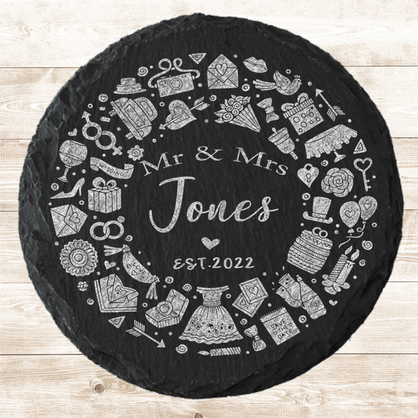 Round Slate MR & MRS Wedding Icons Gift Personalised Coaster