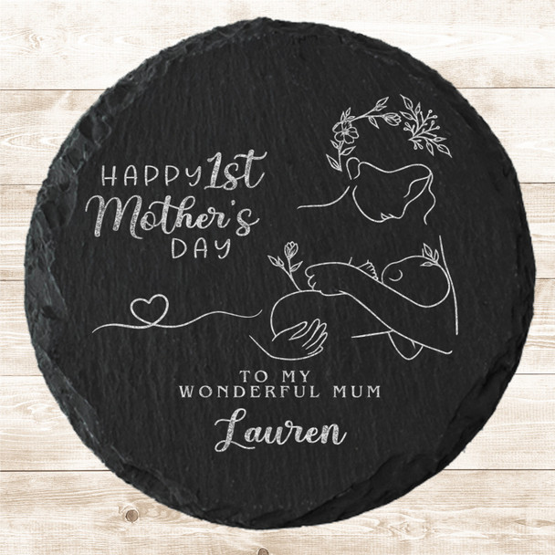Round Slate Mum Baby Line Art Happy First Mother's Day Gift Personalised Coaster