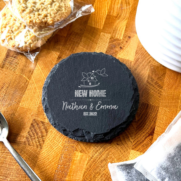 Round Slate New Home Birds House Doodle Couple Family Gift Personalised Coaster