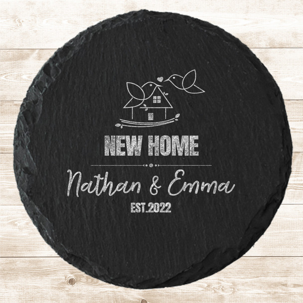 Round Slate New Home Birds House Doodle Couple Family Gift Personalised Coaster