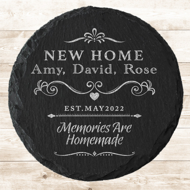 Round Slate New Home Memories Family Names Moving In Gift Personalised Coaster