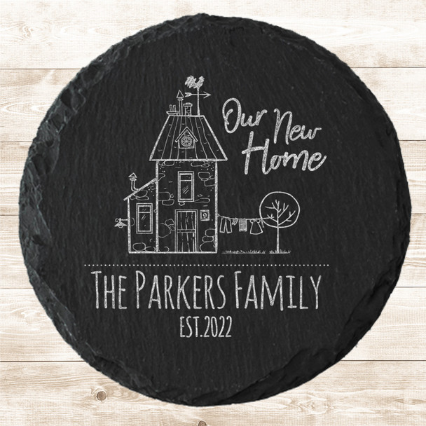Round Slate Our New Home House Doodle The Family Gift Personalised Coaster