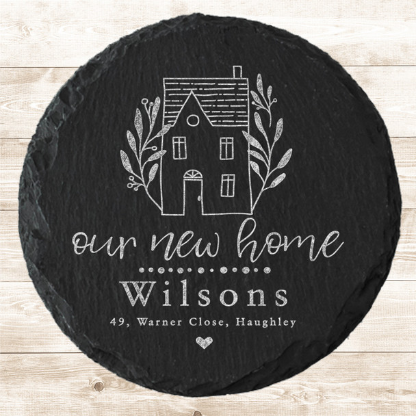 Round Slate Our New Home House With Leaves Family Name Gift Personalised Coaster