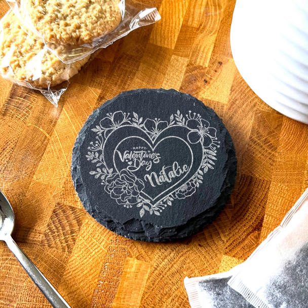 Round Slate Pretty Floral Wreath Happy Valentine's Day Gift Personalised Coaster