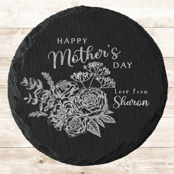 Round Slate Pretty Flower Bouquet Happy Mother's Day Gift Personalised Coaster