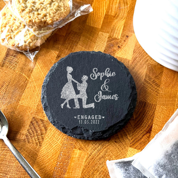 Round Slate Shadow Proposal Engagement Date Hearts Gift Personalised Coaster