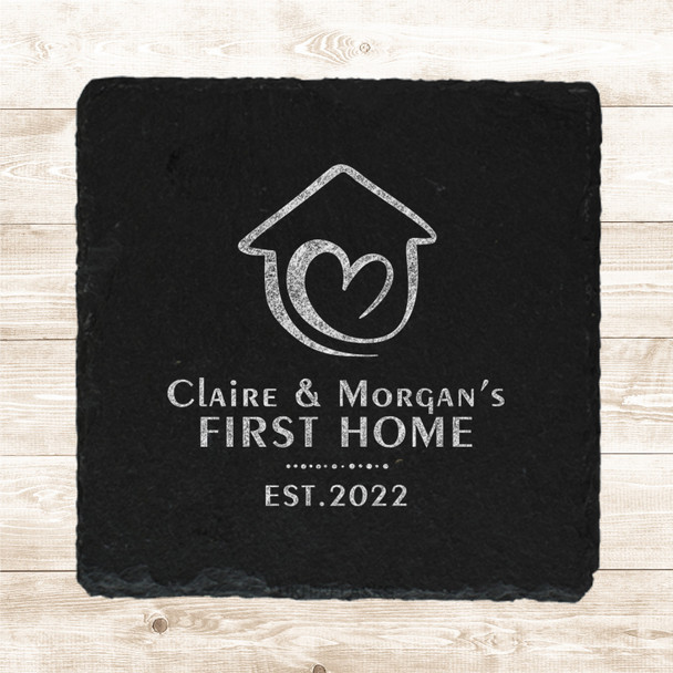 Square Slate Couple Family First New Home Doodle Gift Personalised Coaster