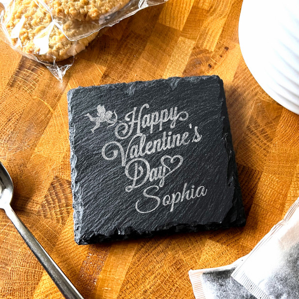 Square Slate Cupid Happy Valentine's Day Romantic Gift Personalised Coaster